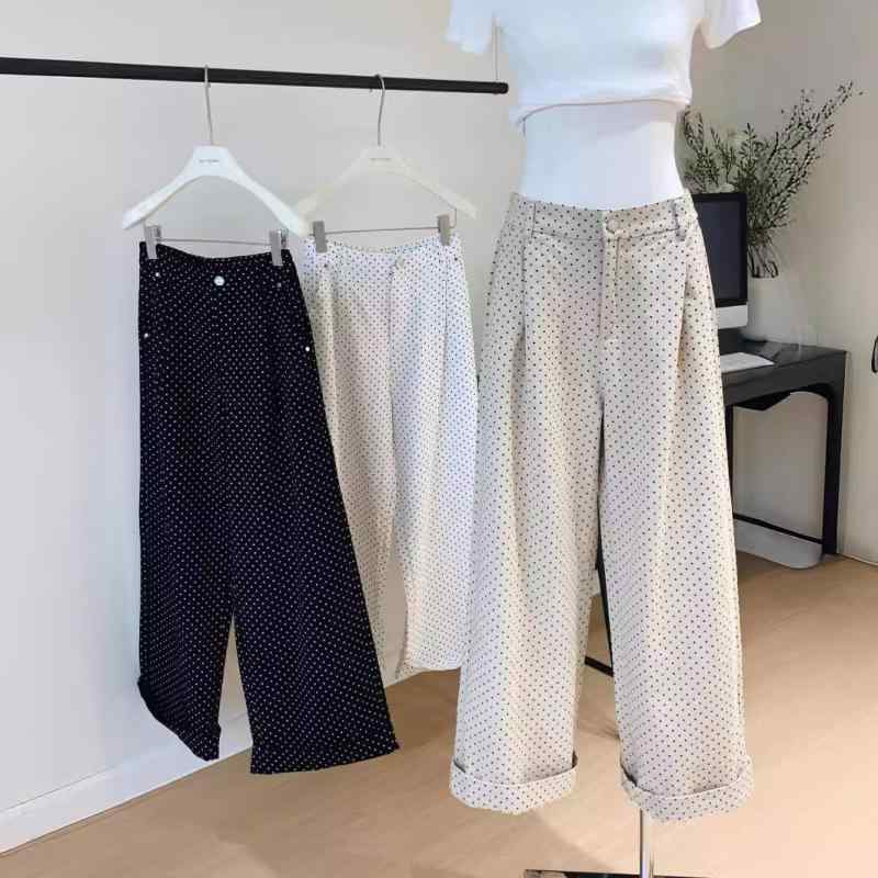 レディース 夏 コットン 高腰 ストレートパンツ ポルカドット 柄 ゆったり クロップド レギュラーパンツ ロング丈 中厚手 無弾性 軽量 通勤 普段使い かわいい 甘め スタイル 切り替え デザイン 綿 素材 木綿 混紡 白 杏色 ブラック カラー 選