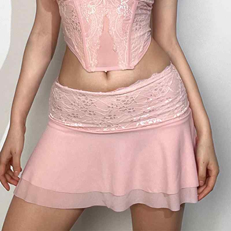レディース スカート 半身スカート Aライン 短丈 ピンク レース 切り替え ネット素材 レイヤード セクシー かわいい 伸縮性 街頭風 夏用 通勤 普段使い デート 軽量 ?・届混紡 ポリエステル アクリル混紡 マイクロ弾性 ピンク系 女性用 ミニスカー