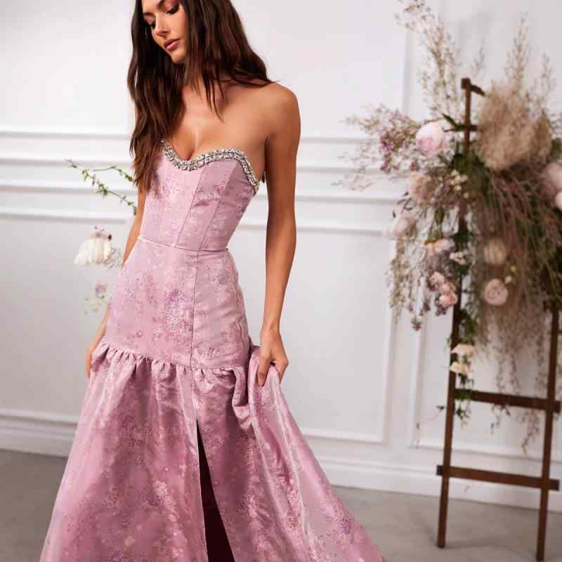 ワンピース 女性用 ピンク 接触冷感 ワンピース 無袖 ストラップレス Vネック プリント柄 ウエストシェイプ サイドスリット ロングドレス 夏 春夏 通勤 普段使い 軽量 伸縮性 吸湿速乾 再生繊維 ポリエステル イージースタイル 優雅 ガウン ドレス