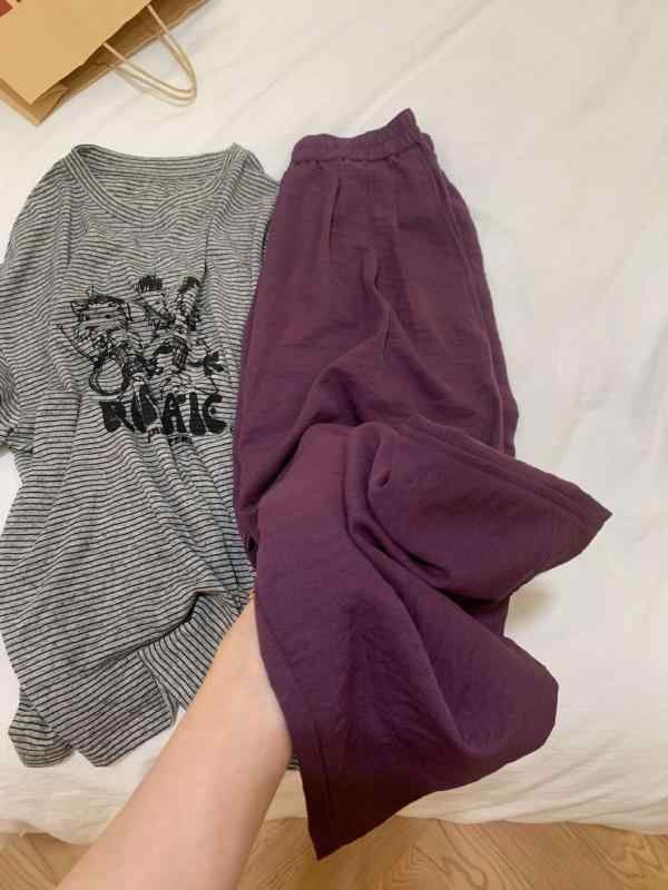 レディース ワイドパンツ 夏用 接触冷感 ポリエステル混紡 ハイウエスト ゆったりロング丈 超薄手 肌触り良い 慵?スタイル 清新かわいい 民族風 快適カジュアル 普段使い 葡萄紫