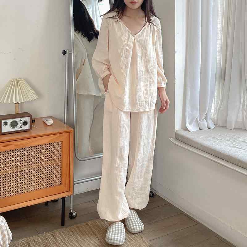 ルームウェア 女性用 Vネック 長袖 長パンツ セット コットン 親肌 快適 秋冬 通年 杏色 中厚 リラックス ホームウェア ゆったり 寝間着 インナー カジュアル 日常使い