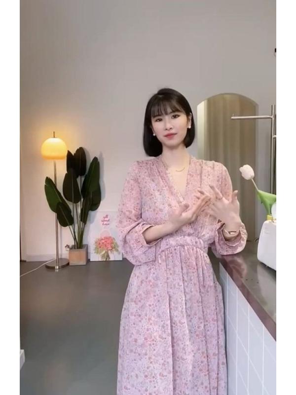 ワンピース ロング丈 Aライン 春夏 ピンク ブルー ブラック フラワープリント Vネック 長袖 セットインスリーブ ルーズフィット ポケット付き コットン シフォン 気質 通勤 普段使い 軽量 吸湿速乾 女性用