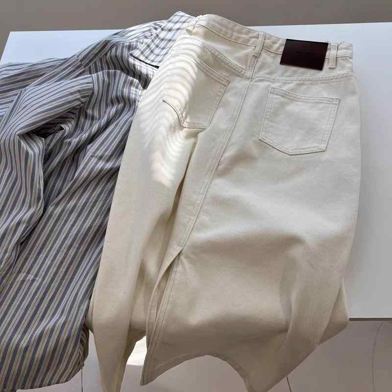 スカート 女性用 米白色 高腰 Aライン 中長丈 半身スカート デニム 綿混 ポリエステル混 切り替えデザイン 春夏 日韓カジュアル レトロ風 後ろスリット 普段使い 軽量 通勤対応 シンプル ベーシックスタイル アイボリー系