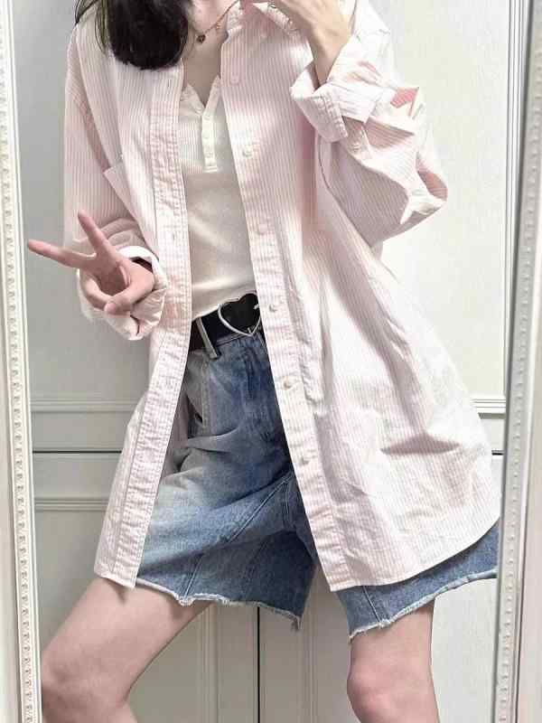 シャツ メンズ レディース 長袖 ピンク ストライプ ビッグシルエット 通勤 普段使い 気質 スタイル 薄手 軽量 防晒 接触冷感 吸湿速乾 再生繊維 夏 春夏