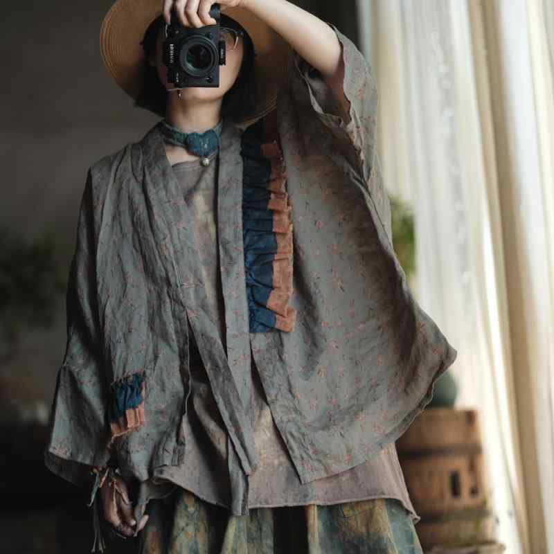 返り咲き 麻 プルオーバー 開衫 厚地の外套 お上さん用 ゆったり 影ぼうし 長袖 無領 うつり変わり 青写真 花柄 刷り上げる 御居処丈 綿織物 リネン 混紡 軽さ 通気性 吸湿性 春夏 コーデ 個人的特徴派 表どおり 心地よい トップス トップ 花の冠yd