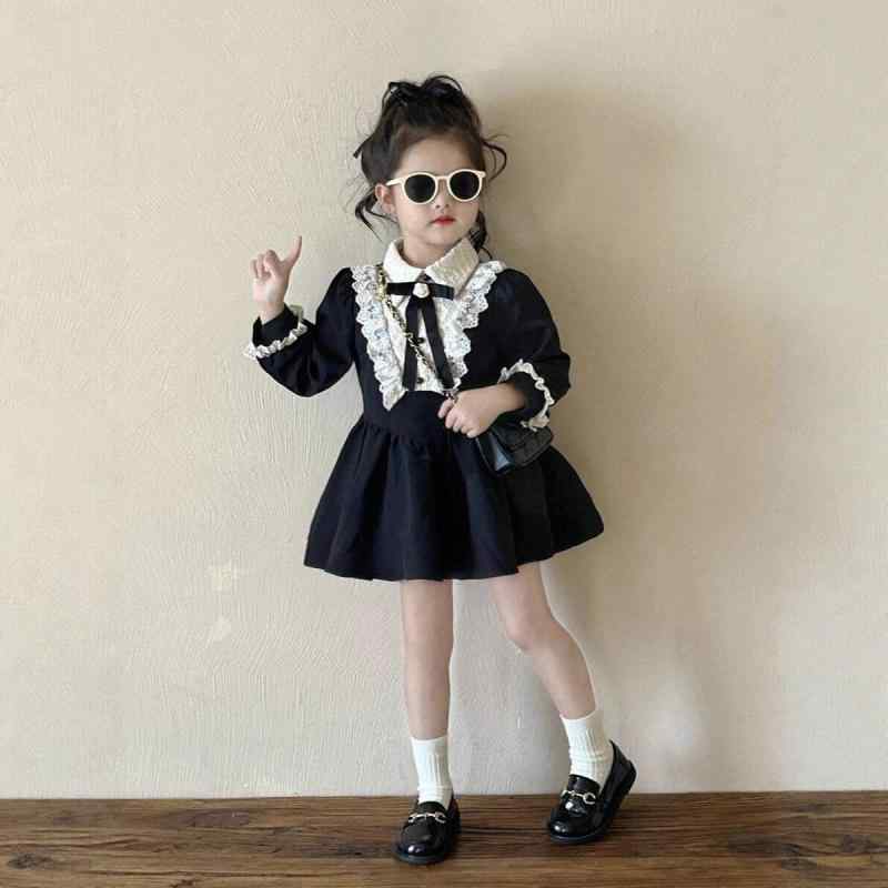 女の子 ワンピース 秋冬 長袖 Aライン スカート 学院風 かわいい 蝶結び プリンセス デザイン ポリエステル 繊維 純色 ブラック 女児 ミッド チャイルド 秋季 洋気 スタイル 通学用 普段使い 軽量 伸縮性 子供服 トップス ガールズ ファッショ