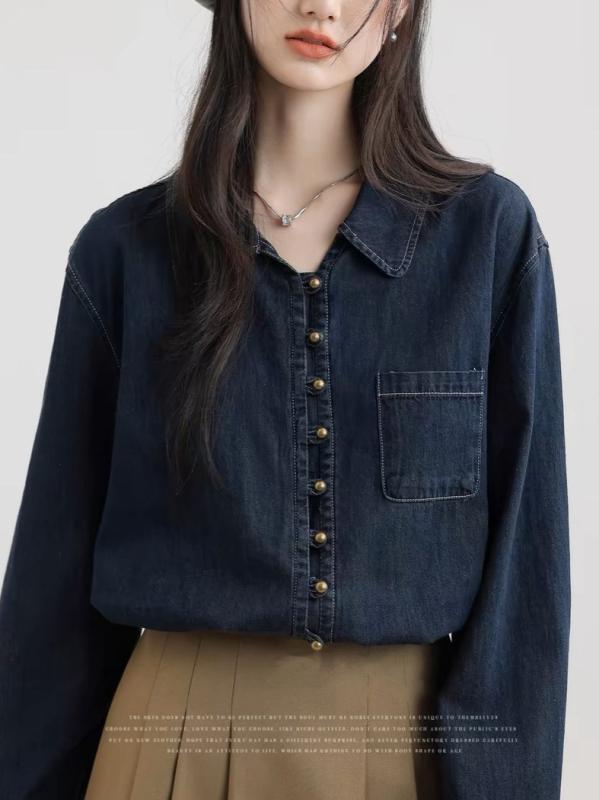 レディース 長袖 シャツ トップス 牛仔布 デニム 接触冷感 切り替え デザイン ポロカラー ブラウス シャツ ジャケット ワイドシルエット ゆったり スタイル 気質 通勤風 普段使い 長袖 ブルー 秋冬 吸湿速乾 軽量 伸縮性 再生繊維 ハイネック シ
