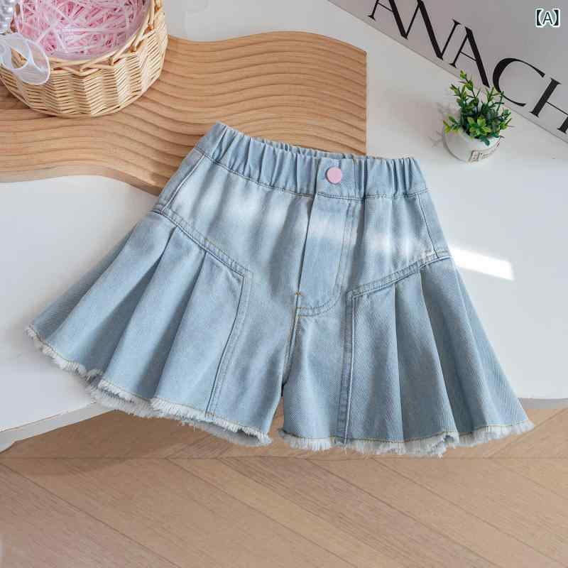 女の子 夏 デニム スカートパンツ かわいい 百褶 ショートパンツ コットン 素材 柔らか 中腰 ゴムウエスト ブルー 基本スタイル 復古 デザイン 通気性 軽量 普段使い 子供服 スカート スカパン デニムスカート 夏服 女児 トップス 合わせやすい 4,284円