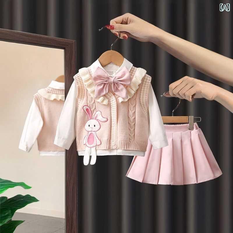 女児 3点セット 秋冬 長袖 コットン 混紡 ウール調 ウエストゴム プリーツスカート シャツ ベスト ボウタイ ピンク 白 かわいい 普段使い 伸縮性 柔らかい 着心地 良い 女の子 子供服 トップス ボトムス コーディネート