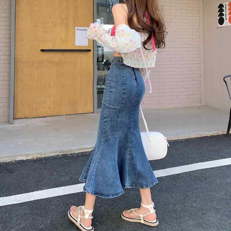 スカート 女性用 デニム 半身スカート ハイウエスト 包み込み ミディ丈 魚尾スカート スリット フリル ストレッチ 修身 コットン ブルー ブラック 通勤 普段使い 気質 弾性 ミディアムロング シンプル ライトウェイト フィット感 コットン混 デニム