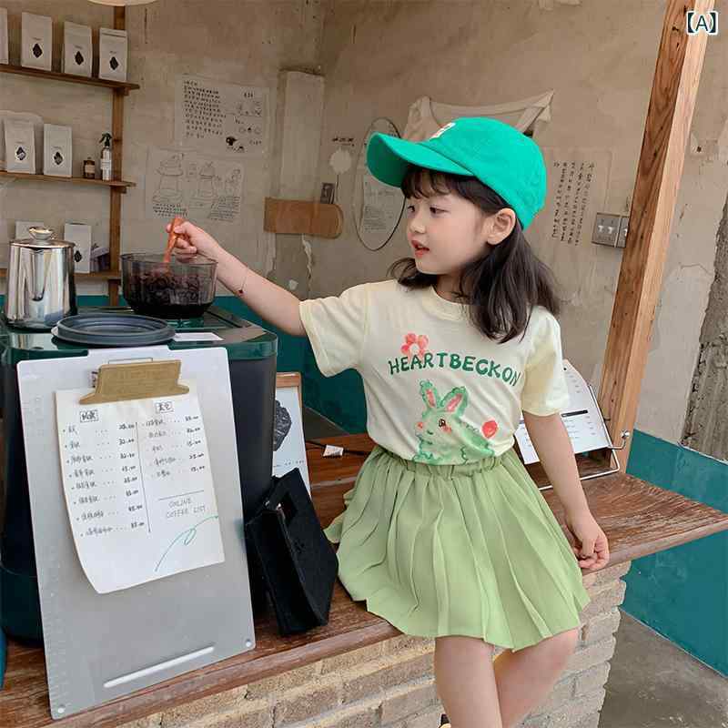 女の子 トップス プリント ウサギ 半袖 スカートパンツ セット かわいい 蝶結び 韓国風 夏 綿混紡 緑色 3~8歳 100~140cm 通気性 軽量 子ども服 女児 セットアップ プリント柄 フレアスカート ショートパンツ 緑 夏服