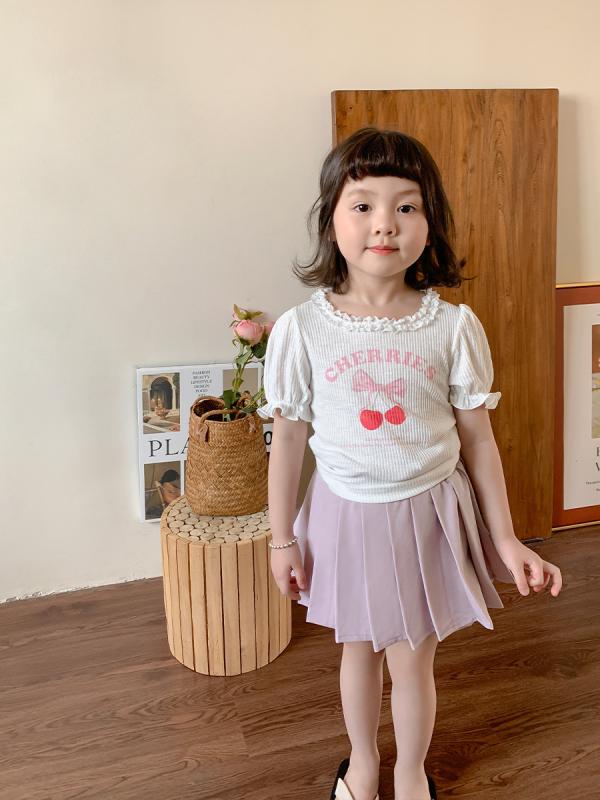 女の子 トップス 女児 Tシャツ 短袖 夏用 韓国風 カジュアル かわいい 綿素材 吸湿速乾 柔らかい 丸首 純色 プリント ピンク 百褶スカート 安全パンツ付き 中小児 3～8歳