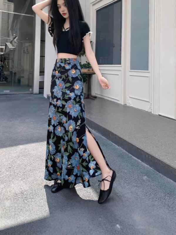 春夏 半身裙 レディース サイドスリット 花柄 シフォン 包みスカート ミディ丈 フレンチスタイル ハイウエスト フィッシュテール ロングスカート 湖ブルー ブラック イエロー レッド ポリエステル 微弾性 軽量 涼しい 気質 イージースタイル