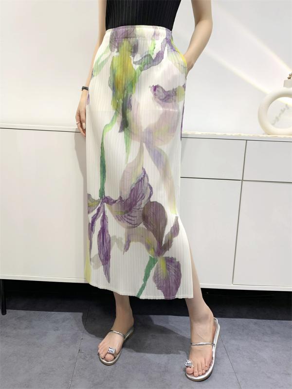 スカート 女性用 中長丈 夏 プリーツ ハイウエスト スリム スリット 百褶 花柄 植物モチーフ ポリエステル 高弾性 気質 通勤 都市風 快適 軽量 涼しい 白 ブルー 切り替え 再生繊維