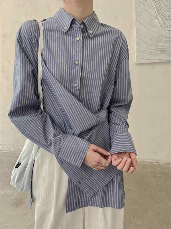 秋冬 トップス お上さん用 通い 通い心地よい 綿 縞模様柄 長袖 プルオーバー ポロハラ 名取り草 開襟 うつり変わり ゆったり 広広とした影ぼうし 青色 当たること冷感 吸湿速乾 軽さ デイリーお召しもの