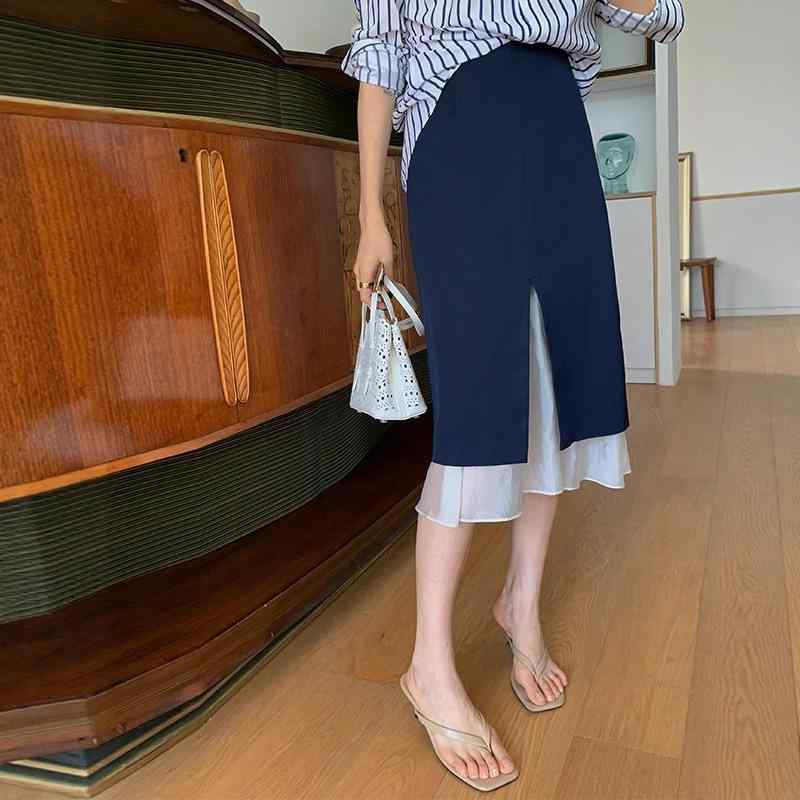 半身スカート レディース 春夏 名媛風 気質 包みスカート ミディ丈 高腰 スリット 切り替え インディゴ ポリエステル 微弾性 私服 シック 御姐風 軽量 伸縮性 ハイウエスト ビッグシルエット 通勤 普段使い アウトドア