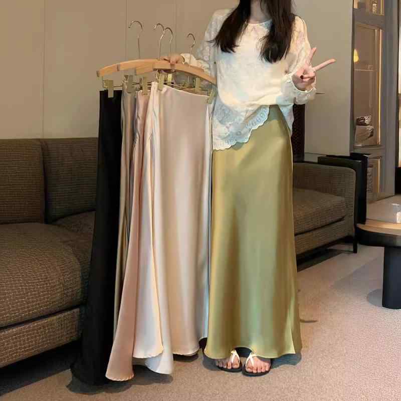 ロング スカート 女性用 香?色 魚尾 半身 スカート 感 夏用 切り替え デザイン 接触冷感 面料 雪ニール 微弾力 軽量 私服 スタイル 名媛 風 御姐 風 ピンク ブラック 芥黄 カラー 再生繊維 混紡 通勤 普段使い ハイウエスト ビッグシルエッ