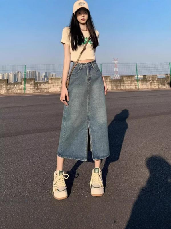 デニム スカート 女性用 春夏 高腰 デニム スカート ストレート ゆったり Aライン 中長丈 半身スカート 綿 混紡 ポリエステル 混紡 無地 ポケット 付き 気質 通勤 スタイル 快適 ゆったり シルエット 軽量 素材 復古 カラー XS S M L