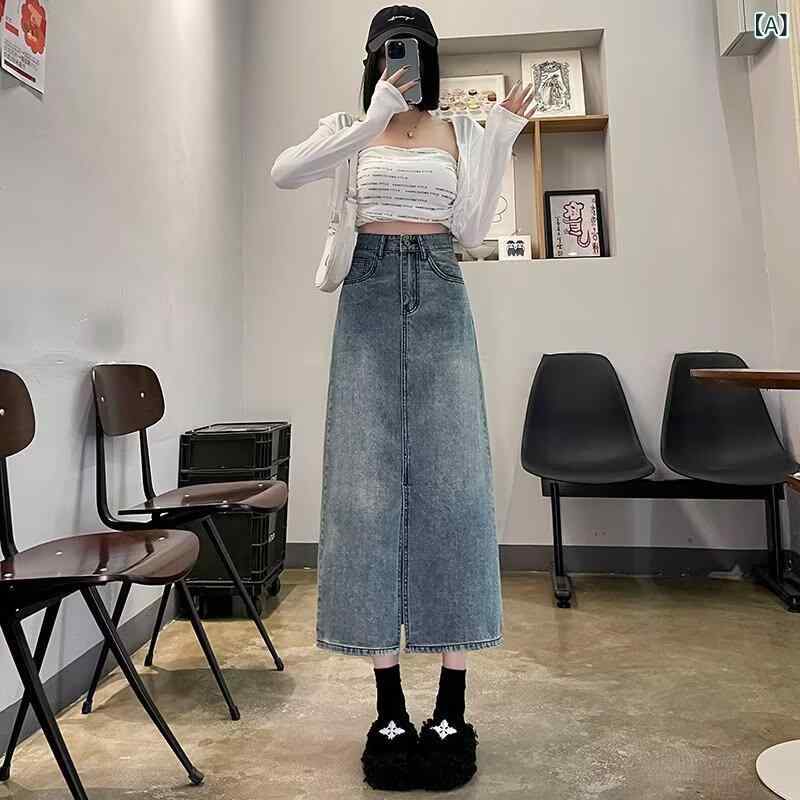スカート レディース 半身スカート 春夏 通勤用 デニム コットン ポリエステル ハイウエスト ボタン デザイン 復古風 スリット デザイン Aライン 包み込み ミドル丈 気質 スタイル 快適 無弾性 ポケット 付き セメントカラー ライトグレー アイボ