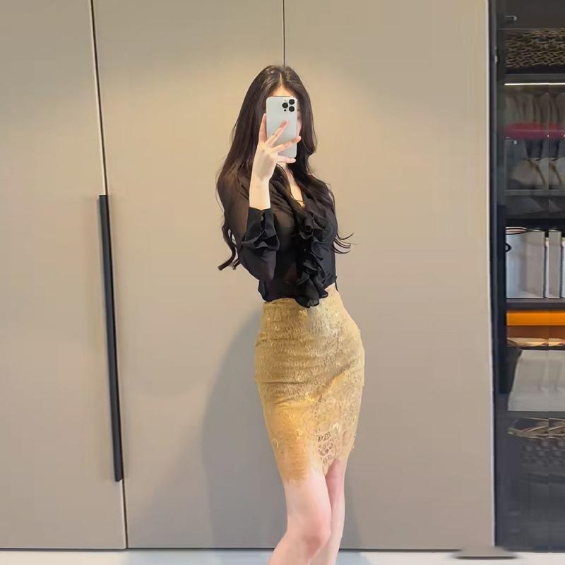 レディース スカート 半身スカート 包みスカート 短丈 膝上丈 ヒップ包み ヒップハグ レース デザイン 軽量 薄手 透け感 伸縮性 ポリエステル ポリエステル繊維 ゴールドカラー 都市スタイル 通勤スタイル 気品 女性用 弾力 ・絆金 引き手 ファスナー