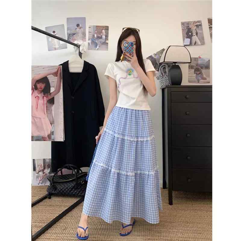 スカート 女性用 春夏 半身スカート ロング丈 ブルー チェック柄 レース 切り替え ハイウエスト Aライン フレア ポリエステル スリム ライトウェイト フェミニン プリンセス ガーリー デイリー 普段使い 軽やか 涼しい 伸縮性 通勤 通学 カジュア