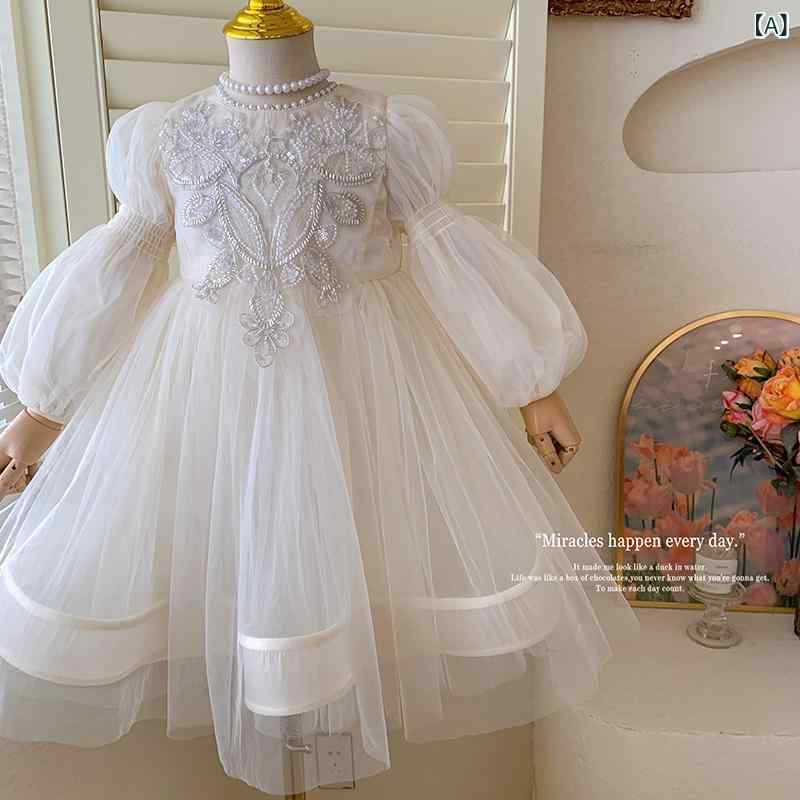 女児 ドレス キッズ 女の子 プリンセス スカート 宮廷風 ワンピース 子供服 誕生日 礼服 珍珠 装飾 長袖 純色 米色 柔軟 ポリエステル 醋酸繊維 ライニング 春夏 秋 軽量 かわいい ビッグシルエット 3～8歳 90～150cm 通年 普段使い