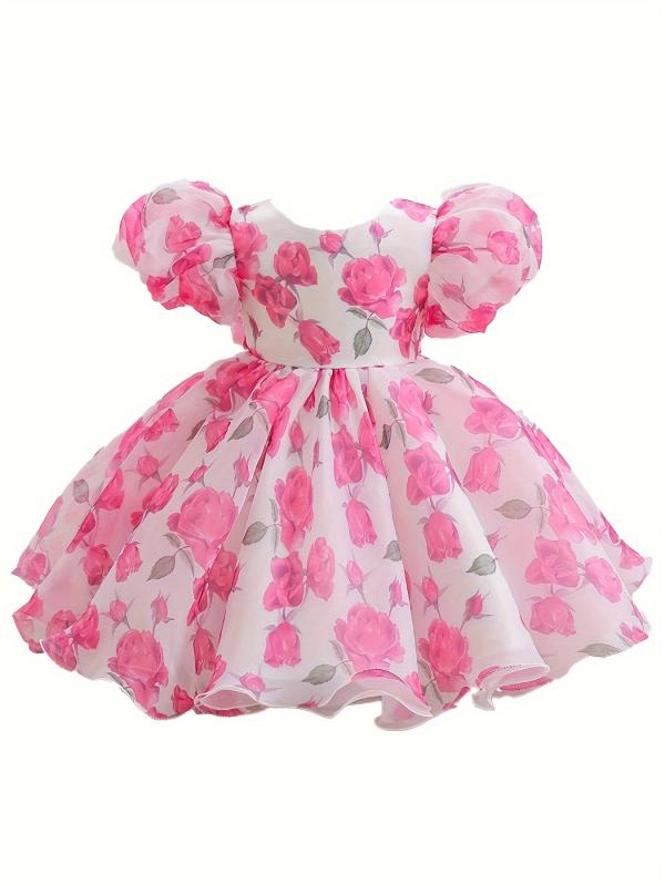 女児 ドレス 女の子用 子供服 プリンセスドレス ワンピース 泡泡袖 フリル袖 短袖 碎花柄 花柄 網紗 チュール 蓬蓬裙 フレアスカート 綿混紡 ポリエステル混紡 かわいい 田園風 ・柑通柄 粉色 ピンク 白色 ホワイト 黄色 イエロー 天藍色 ライトブ