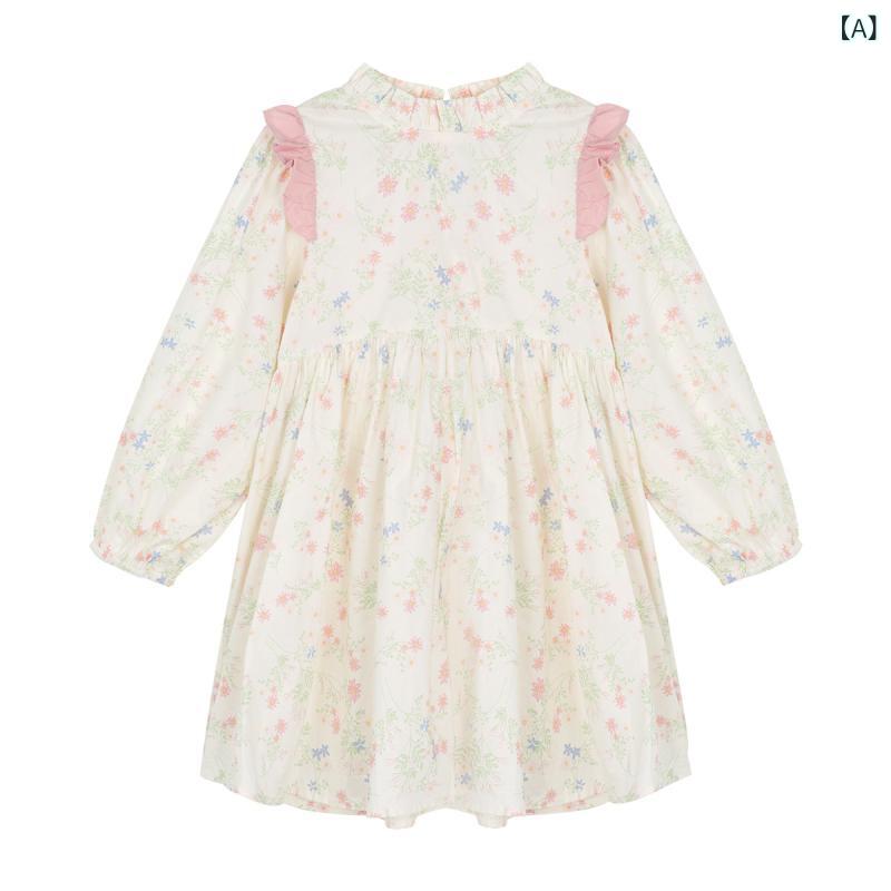 女児 ワンピース 女の子用 春夏 秋冬 綿 100% プリント フラワープリント かわいい プリンセス スカート Aライン スタンドカラー ドルマンスリーブ 甘め フレアスカート 軽量 通気性 子供服 3～8歳 100～140cm ピンク系 アイボリー