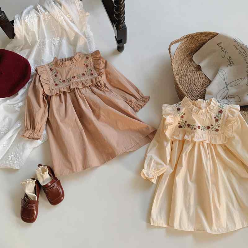 女児 ワンピース 女の子用 子供服 綿100% 長袖 Aライン フリル スタンドカラー 花刺繍 杏色 ・柑其 柔らかい生地 春夏 秋冬 通年 かわいい プリンセス風 3～8歳 100～140cm