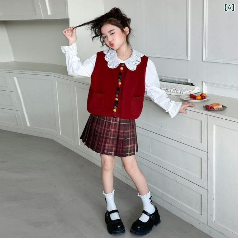 女児 学院風 セットアップ 秋冬 長袖 綿混 柔らかい トップス ニット ベスト 花柄襟 シャツ チェック プリーツ スカート 赤 カラフル ボタン 3点 組 かわいい プリーツスカート コットン トップス スカート セット 女の子 学院風 秋冬 服 長