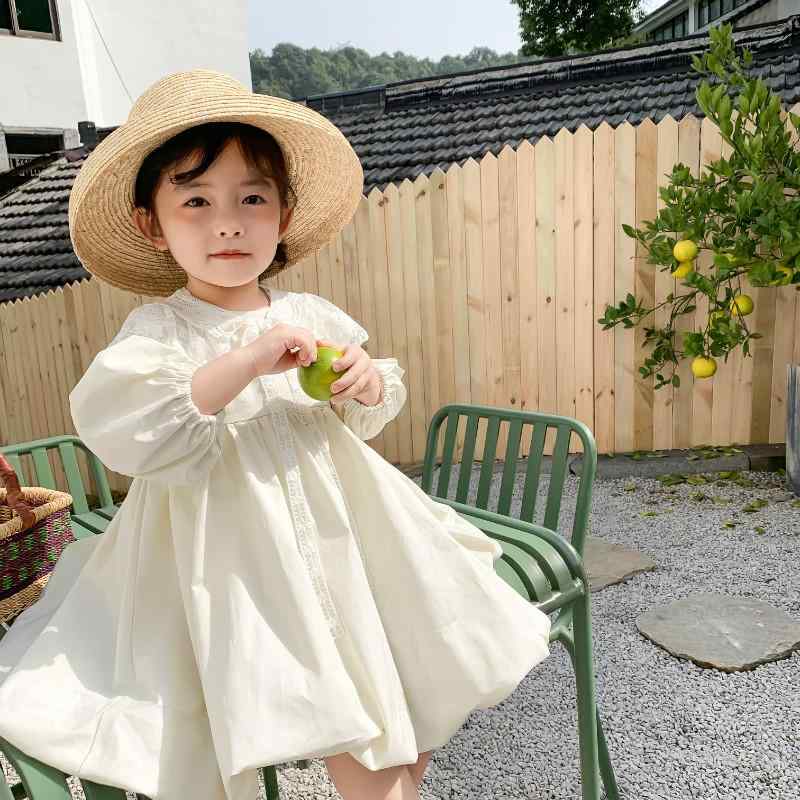 女児 プリンセスドレス 女の子 ワンピース 子供服 ベビースカート コットン 100% 長袖 プリンセススカート レース 純色 柔らかい素材 米色 春 秋 かわいい フレアスカート コットン素材 長袖ワンピース 女児用 プリンセススタイル ベビー服 春秋