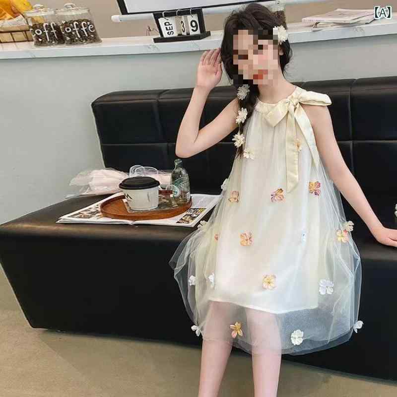 女児 ワンピース 夏 無袖 花柄 プリンセス ガーリー 立体 チュール スカート 切り替え スカート 田園 スタイル 涼しい 軽量 ネットヤーン ポリエステル 混紡 中大童 かわいい フェミニン 花 柄 杏色 ブルー 系 子供服 ガールズ トップス ドレ