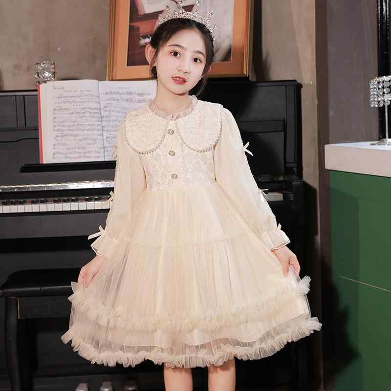 女の子 ワンピース 秋冬 長袖 加厚 プリンセスドレス かわいい Aライン スカート シャンパンカラー コットン混紡 ポリエステル 100パーセント ふんわり シルエット 女児 中大児 8歳以上 140cm以上 純色 プリーツ加工 春秋冬対応 秋季 通年
