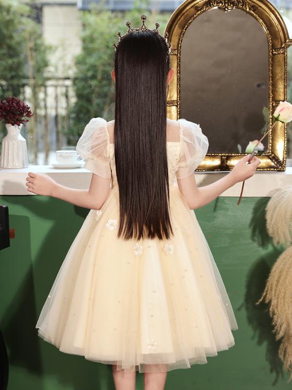 女児 ワンピース 夏 春夏 子供 女の子 3～8歳 香?色 ピンク ホワイト 純色 短袖 プリンセススカート チュール ポリエステル コットン ライニング 柔軟素材 結婚式 パーティー 洋服 演奏会 ドレス かわいい 軽量 通気性 日常使い 礼服