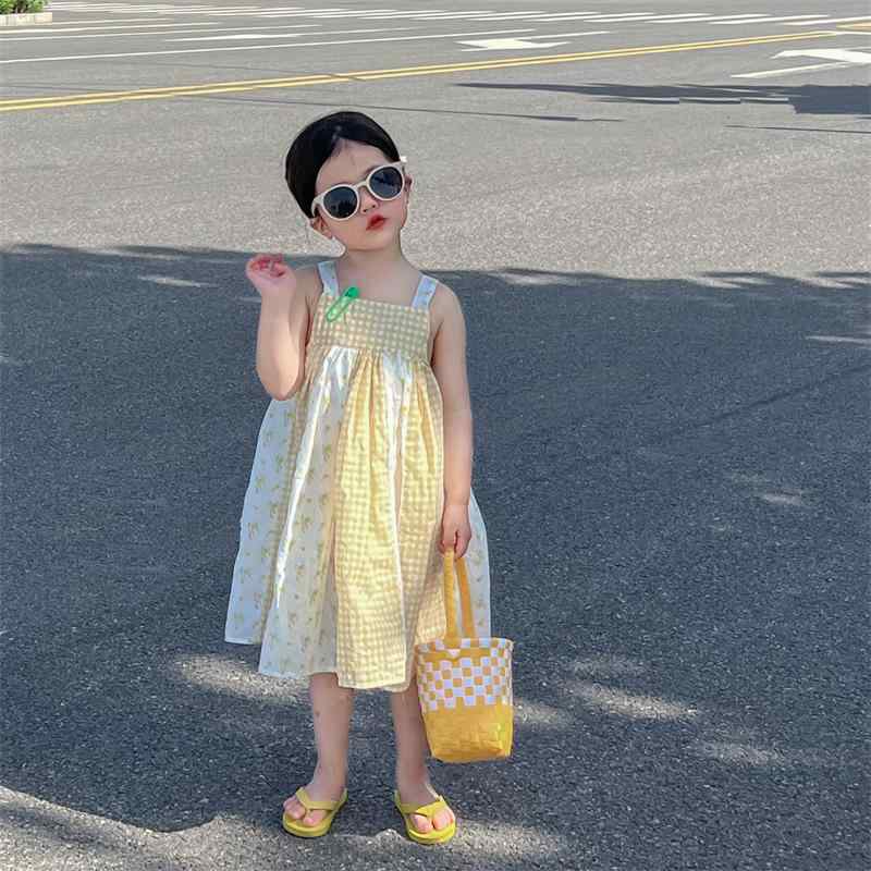 女児 ワンピース キッズ 女の子 夏 春夏 無袖 吊り帯 背心 スカート 綿 混紡 素材 100% コットン 軽量 通気性 吸湿速乾 フレア プリンセス スカート フレア 裾 かわいい 花柄 チェック 柄 ピンク イエロー グリッド フラワー プリント