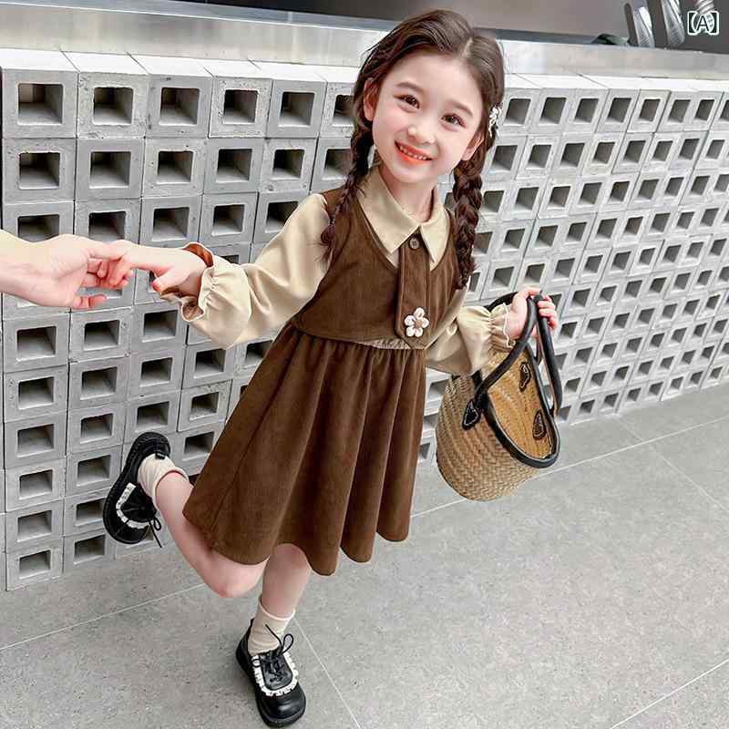女児 ワンピース 女の子用 春秋 長袖 Aライン プリンセス スカート コットン ニット 柔らか素材 学院風 切り替え デザイン かき色 かわいい 日常着 3～8歳 中小児 100～140cm 潮范 スタイル 純色 柄 ソフト 加工 裏地 付き 安全 B