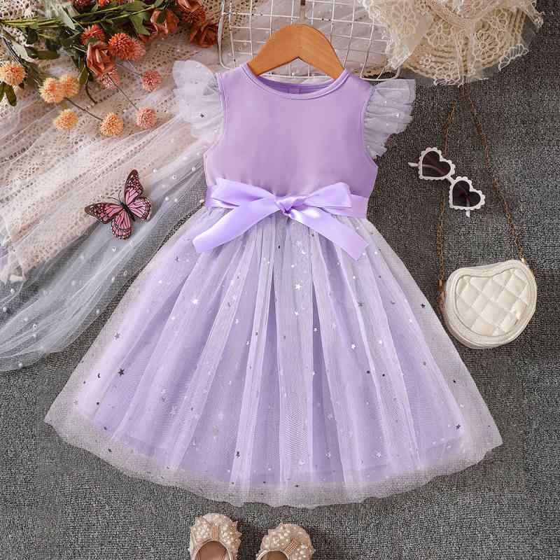 女の子 ドレス 春夏 ワンピース 女児用 100-140cm かわいい 蝶結び 袖 網? レイヤード プリンセススカート 軽量 ポリエステル ピンク 紫 接触冷感 通気性 伸縮性 普段使い 遊び着 かわいいスタイル 女の子向け 春夏服 涼しい 素材 プリ