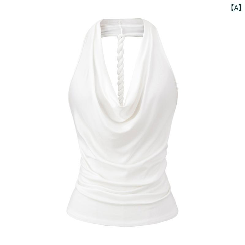 トップス 女性用 ハングネック キャミソール 肩出し 無袖 Tシャツ 綿 伸縮性 修身 短丈 純色 夏 セクシー ストリート カラフル 軽量 通勤 普段使い デート ビッグシルエット 接触冷感 吸湿速乾 ブラック ホワイト ブルー レッド ベージュ