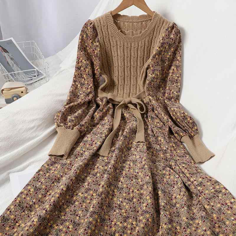 秋冬 ワンピース コットン 灯芯? 切り替え バイアス フレア Aライン 中長丈 ロングスリーブ ラウンドネック ミッドライズ フラワー柄 ステッチ ストリート カジュアル フィット 軽量 暖か 通勤 普段使い ブラウン ブルー ベージュ