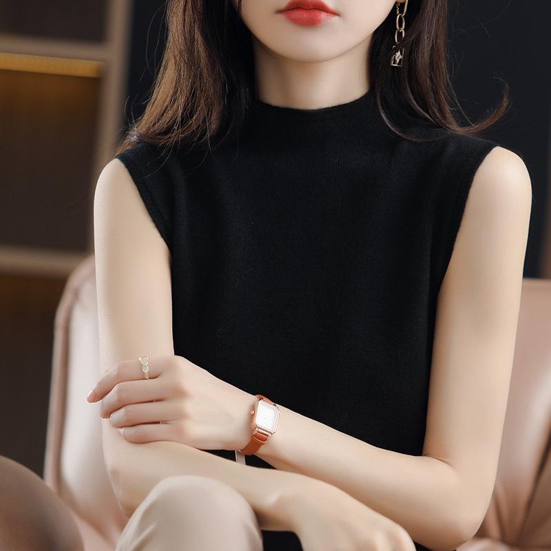 キャミソール 女性用 春夏 無袖 半高領 吊り下げ 背中開き ワイドシルエット インナー トップス アウター ボディフィット スリム効果 レイヤリング シャツ ポリエステル 綿混紡 軽量 通勤 普段使い 知性スタイル 直筒型 純色 ホワイト ブラック ベ