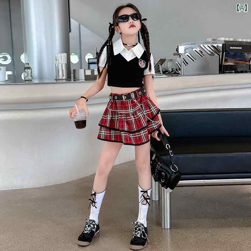 女児 学院風 セットアップ 夏 トップス 偽ツーピース 短袖 Tシャツ 綿混紡 柔らかい 薄手 百褶 チェック柄 プリーツスカート かわいい 短パン付き 安全パンツ スカートセット 女の子 キッズ 学園スタイル ダンス ストリートダンス 普段使い 通学