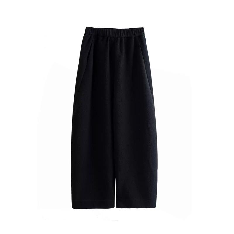 レディース 秋冬 ハーレムパンツ コットン ポリエステル 接触冷感 厚手 微弾性 高腰 コーンパンツ ワイドレッグ ルーズフィット アシンメトリー プリーツ 切り替え ブラック 梨型ボディ 気質 通勤 普段使い カジュアル ロング丈 ニット加工