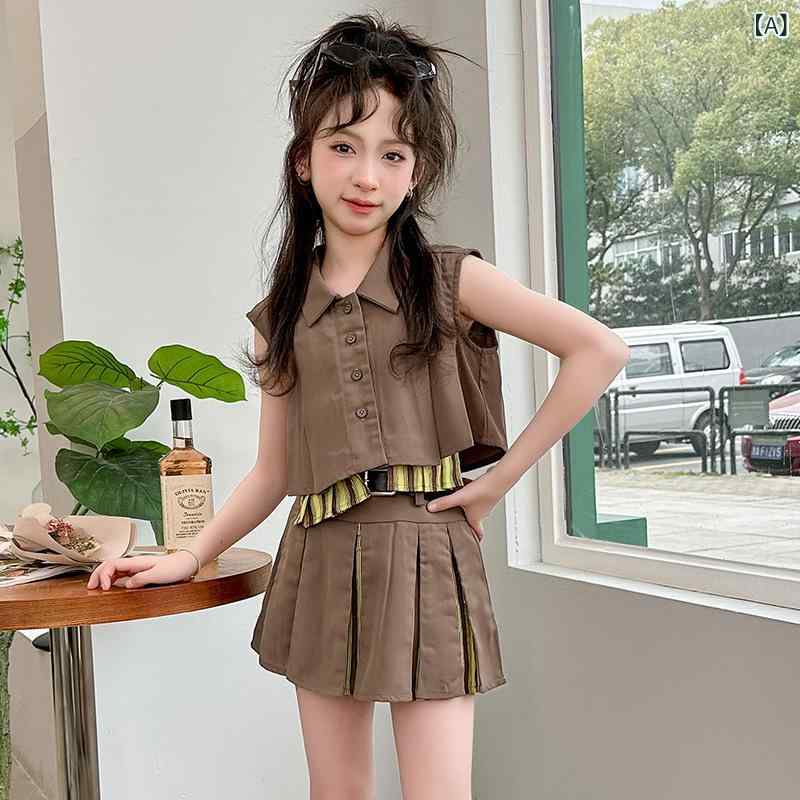 キッズ 女の子 夏 セットアップ 無袖 馬甲 百褶 ロングスカート トップス 薄手 綿混紡 柔らかい 純色 ブラウン ピンク 韓流 カジュアル スタイリッシュ 120cm 130cm 140cm 150cm 160cm 170cm 対応 接触冷感 吸湿速