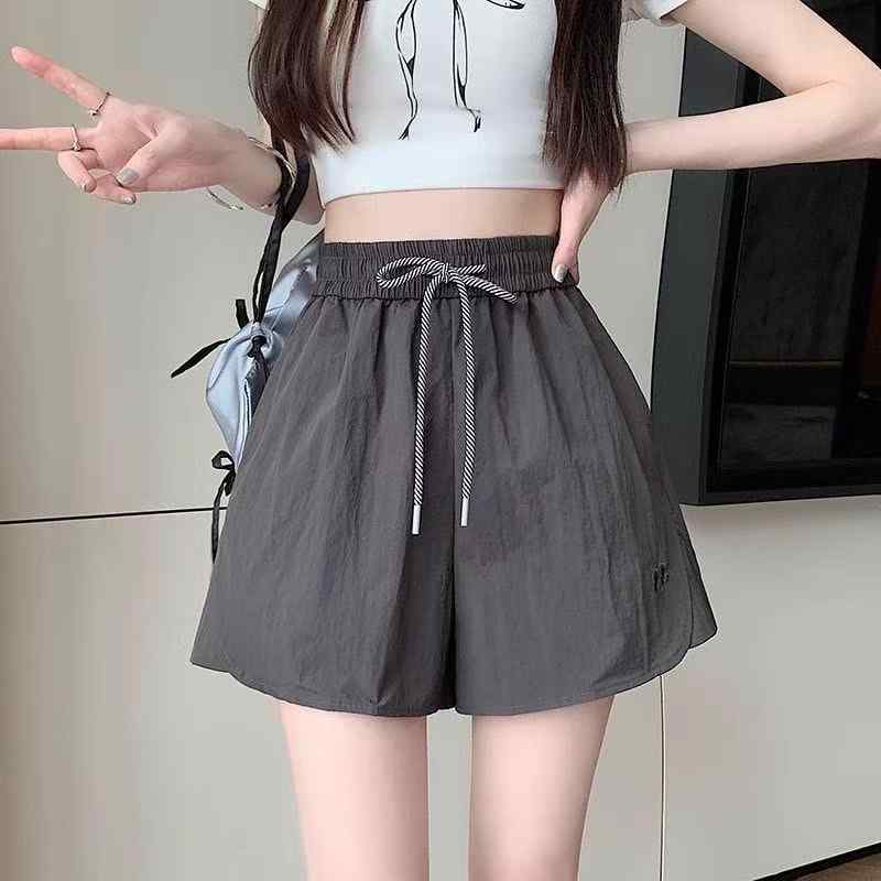 レディース ワイドレッグ ショートパンツ 春夏 接触冷感 吸湿速乾 高腰 ミドル丈 ポケット付き ポリエステル 混紡 微弾性 快適 フィットネス ヨガ 運動 クロップド レギンス カーキ グレー ブラック