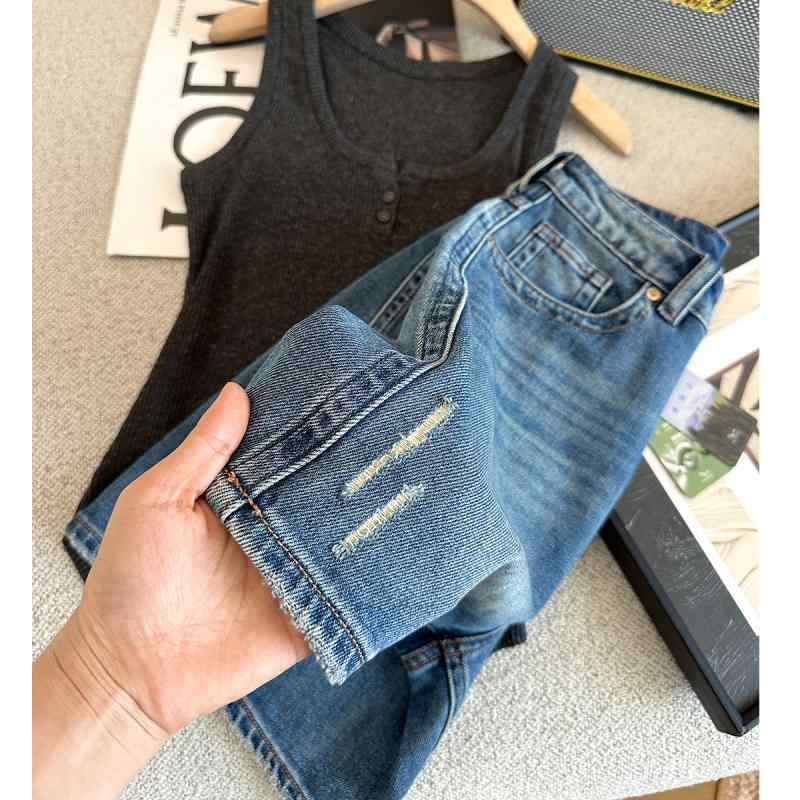 デニムショーツ 女性用 夏用 ワイドレッグパンツ ハイウエスト 破れデザイン 薄手 レイヨン混 伸縮性 吸湿速乾 ボタン付き ジッパー ブルー 軽量 カジュアル 私服 スタイル ミセスファッション