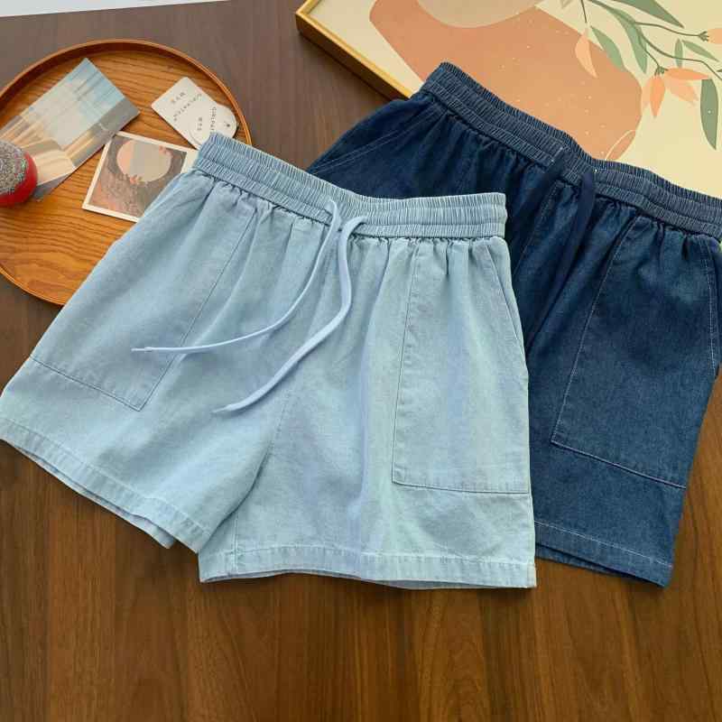 デニム ショートパンツ 女性用 春夏 薄手 ワイドレッグ ハイウエスト ゆったり スリム コットン混 ポリエステル 接触冷感 微弾性 軽量 吸湿速乾 ポケット 付き ストレート 筒 デイリー カジュアル スタイル ライトブルー ダークブルー ブラックグレ