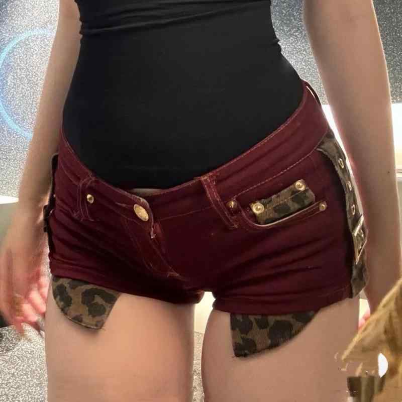 レディース デニム ホットパンツ 低腰 ヒョウ柄 赤 春夏 タイト 包み込み スリム セクシー ショートパンツ 5分丈 マイクロストレッチ ポケット デザイン 原宿スタイル 日韓 カジュアル 軽量 吸湿速乾 ポリエステル 再生繊維 通勤 普段使い アウト