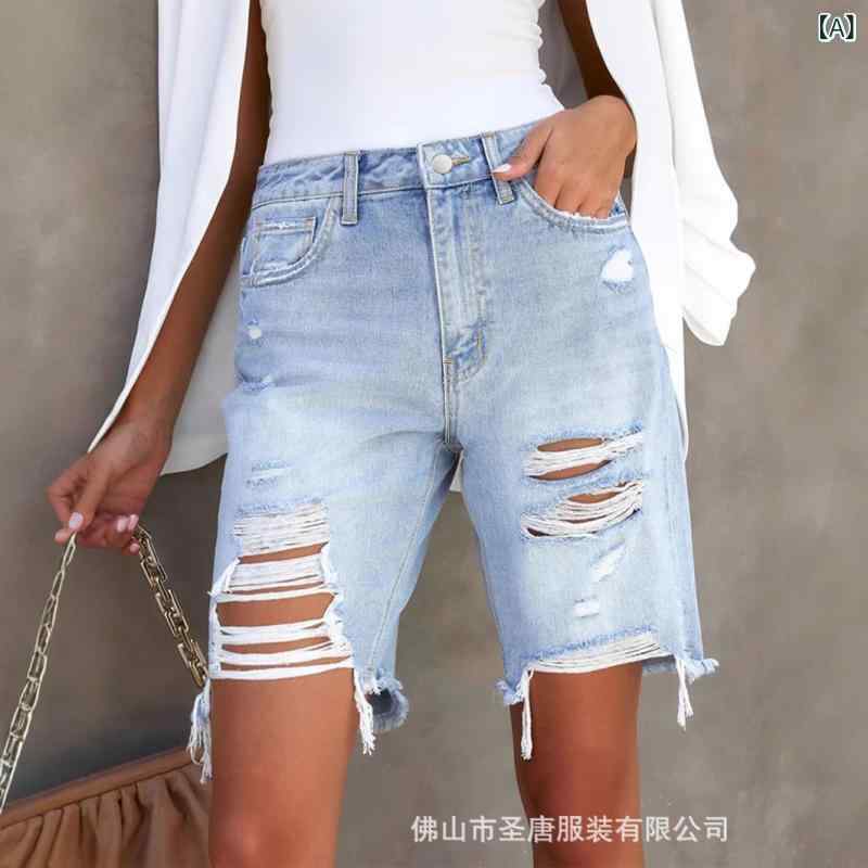 デニムショーツ レディース 夏用 軽量 直筒型 中腰 破洞デザイン 綿混 ポリエステル混 ライトブルー 快適 日常使い カジュアル