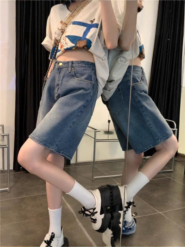 デニムパンツ 女性用 春夏 ショート コットン ポリエステル 高腰 直筒 ワイドレッグ ミッドライズ 薄手 ゆったり スリム効果 大きいサイズ 通勤 通勤風 気質 カジュアル 快適 ポケット ポケットデザイン ノーアイロン 加工 ミッドセンチ 5分丈 膝
