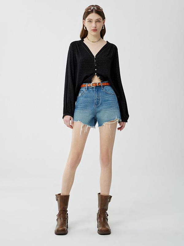 ショートパンツ レディース デニム 夏 春夏 牛仔布 綿素材 中腰 Aライン 切り替え ビッグシルエット ハイウエスト ゆったり スリム効果 ヴィンテージ ブルー ノスタルジックブルー 基本款 三分丈 無弾力 手磨き加工 日韓カジュアル 通勤 普段使い